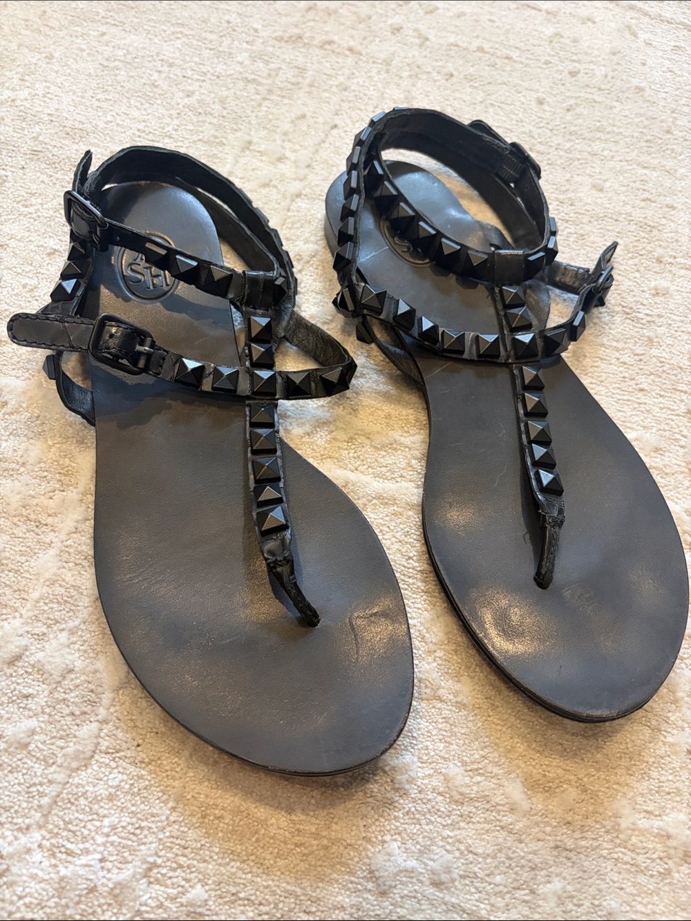 ASH Black Pyramid Stud T-Strap Sandals